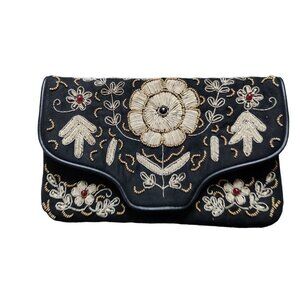 Vintage Inspired Black Beaded Embroidered Purse Clutch Crossbody Gold Chain